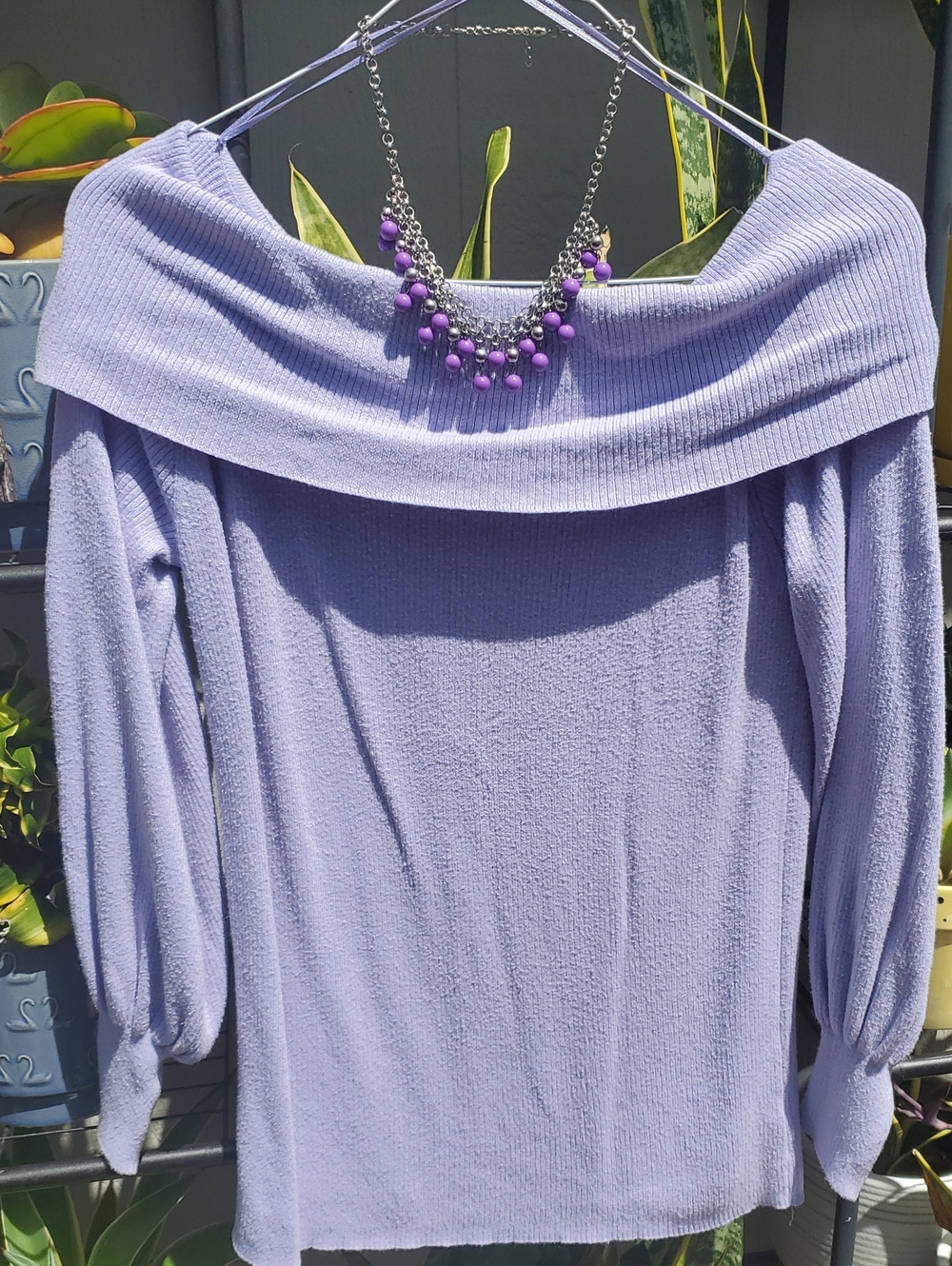 Womens Worthington Lavender Off-Shoulder Sweater With Purple necklace